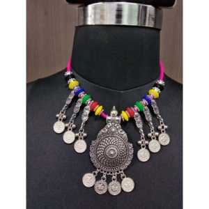 Jeweljunk, cuentas multicolores, moneda, chapado en rodio, conjunto de collar Navratri 1112847 para colecciones de joyería de moda - Product Image 1