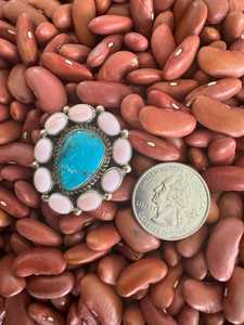 แหวนเงินแท้ทำมือประดับเปลือกหอยสีชมพูทรงรีและเทอร์ควอยซ์คิงแมนทรงกรอบ ประดับด้วยหินธรรมชาติ เหมาะสำหรับงานแต่งงานและงานปาร์ตี้ - Product Image 3