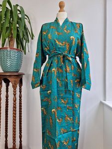Pur coton indien bloc imprimé été Kimono profond Turquoise guépard Floral plage couverture confortable maternité maman longueur au sol - Product Image 6