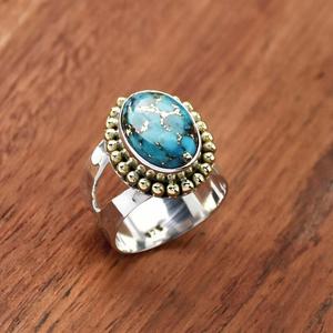 แหวนสีฟ้าครามทองแดงสีน้ำเงิน925เงินสเตอร์ลิงประดับด้วยลูกปัดลายถักของขวัญแหวนโบฮีเมียนสำหรับเธอ - Product Image 3