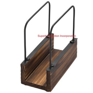 Modern Wooden Napkin <b>Holder</b> With Black Metal Wire Frame Elegant Triangular Tabletop <b>Tissue</b> Dispenser For <b>Kitchen</b> Dining Room - Product Image 3