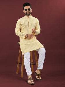 Premium Quality Designer Exclusive Festival Wear Heavy Rayon With Lucknowi Work <b>Men</b> <b>Kurta</b> Manufacturer From Surat - Product Image 3