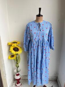 Vestido Midi de verano hecho a mano, informal, estampado de bloques florales, algodón con cuello profundo, coqueto, floral, estampado a mano, vestido para mujer - Product Image 6