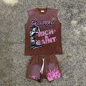 Vintage Summer Street Custom Clothing <b>Men</b> Spandex/Cotton <b>Fleece</b> Plain Dyed <b>Vest</b> Shorts Set Heat-Transfer Printed Breathable - Product Image 3