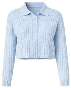 Customized Womens Light Blue Cropped <b>Cable</b> <b>Knit</b> Polo <b>Sweater</b> Long Sleeve Ribbed Hem Button Placket Casual Winter Pullover Top - Product Image 1