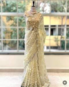 Saree blanc en organza indien magnifique avec fil zaal travail dernier chemisier fantaisie exclusif vêtements de mariage de fête ethnique pour les femmes - Product Image 1