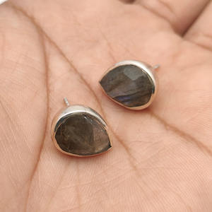 925 Sterling Silver Natural Labradorite 15x11mm Pear Bezel Stud Earring 4.28 Gms Designer Handmade Gemstone Silver Stud Earrings - Product Image 4