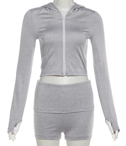 Conjunto Deportivo de Invierno de 2 Piezas para Mujer, Chaqueta con Capucha y Cierre + Pantalones Cortos a Juego, Sólido, Simple, Básico, Clásico, Sexy, Elástico, Ajustado - Product Image 1