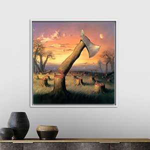 Arte en Lienzo Impreso con Diseño Surrealista de Árbol y Hacha para Espacios Modernos, Lienzo con Marco Blanco - Product Image 1