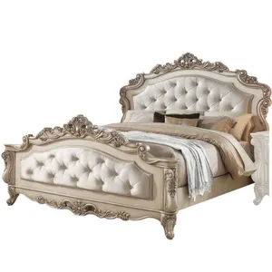 Eastern King Size Bed with Scalloped Engraving Details and Champagne Gold Painted Solid wood mahogany furniture indonesia