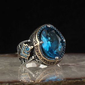 Anillo de Hombre Estilo Otomano de Plata de Ley 925 con Piedra de Topacio Azul, Joyería de Moda para Boda y Compromiso, Turquía RCEGYT-831 - Product Image 1
