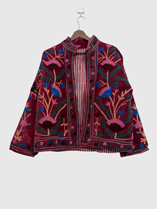 Veste en velours brodée à la main avec des motifs floraux, manches longues, col mandarin, taille plus, vêtements d'automne pour femmes - Product Image 1