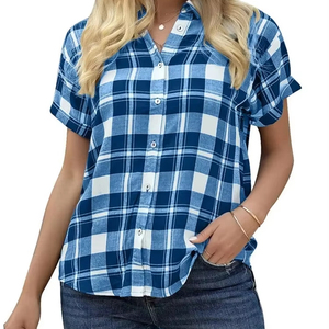 Blusa de manga corta informal para mujer de primavera y verano, camisa con botones de solapa, camisa de manga corta con estampado a cuadros para mujer - Product Image 1