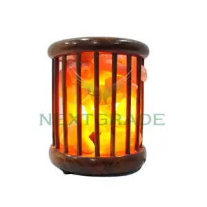 מנורת מלח himalayan מותאם אישית עגול כלוב בצורת סל עץ עם נתחי מלח מסגרת עץ סלע מלח ורוד מלח