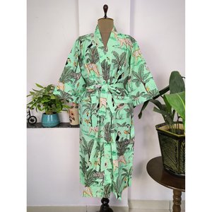 Pure Cotton Summer Dress Indian Handprinted Boho House <b>Robe</b> Pistachio Mint Green Luxury Cheetah Animal Print for <b>Beach</b> Holidays - Product Image 3
