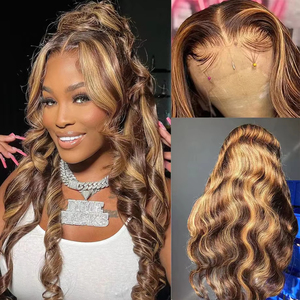 Perruques en cheveux humains avec mèches <span class=keywords><strong>blond</strong></span> miel ondulées, perruque frontale en dentelle, perruques en cheveux humains brésiliens pour femmes, vague lâche en vente - Product Image 4