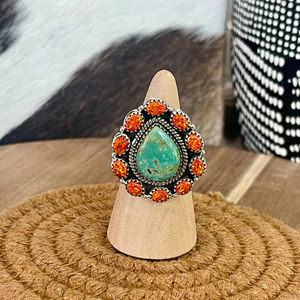 Handmade Sterling <b>Silver</b> Bezel Setting Royston Turquoise Orange Fire Opal <b>Adjustable</b> Gemstone <b>Ring</b> Trendy Unisex Party Wear - Product Image 1