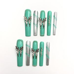 Uñas Postizas de Lujo, Diseño de Mariposa Verde, Acrílicas, con Pegamento Reutilizable para Aplicación en Dedos, 24 Piezas - Product Image 4
