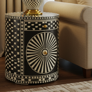 Table de chevet moderne en os incrusté, faite à la main, écologique, avec accents floraux noir et blanc, pour chambre à coucher et salon - Product Image 4