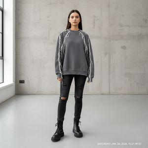 Custom Heavyweight Cotton Women's Winter Grunge Sweatshirt Anti-shrink <b>Raw</b> Edge External Seams Raglan Sleeve Distressed Frayed - Product Image 5