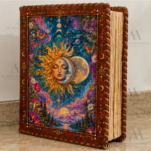 Carnet en cuir fait main Soleil et Lune, Art céleste imprimé UV 3D, Cahier vintage cousu main, Grimoire floral fantastique - Product Image 2