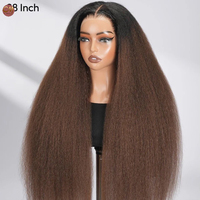 Perruque Lace Front Ombrée Brune Yaki Lisse, 100% Cheveux Humains Vierges, Pré-Pluckée, Dentelle HD, Densité 200, Longue, pour Femmes Noires