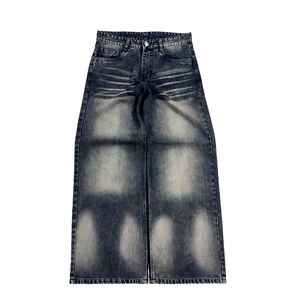 Vintage Distressed Stonewashed Button Custom Print Logo Baggy Wide Leg Jeans Men's Denim Streetwear Wholesale - Product Image 5