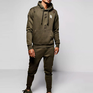 Custom Made High Quality <b>Distressed</b> Men's Winter Tracksuit Street Style 100% Cotton Breathable Solid OEM Bulk Fleece Elastic - Product Image 2