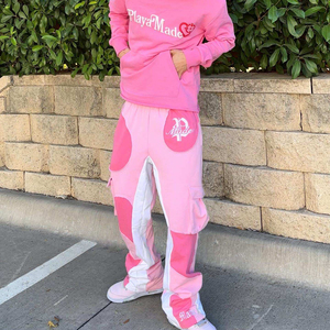 Survêtement vintage personnalisé en coton épais avec broderie et impression, sweat à capuche à ourlet brut, pantalon évasé, poche en strass, coupe courte - Product Image 2