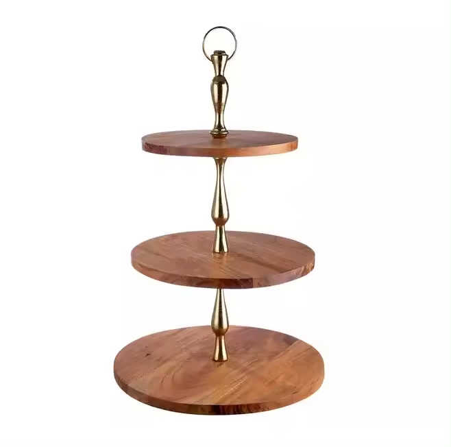 Hot Sale Chocolate Sweet Server Wooden Cake Stand Rounded Cake Stand Set Unique Style Decorative Cake Server Stand With 5 Tier