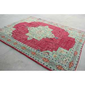 พรมวินเทจขนาด 7.4x10 ฟุต พรมตุรกีขนาดใหญ่ พรมลายตารางแดงเขียว - Product Image 4