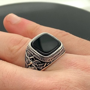 Anillo de compromiso cuadrado de Plata de Ley 925 de moda para hombre, ajuste de bisel de piedras preciosas de ágata hecho a mano, joyería fina certificada por terceros - Product Image 5