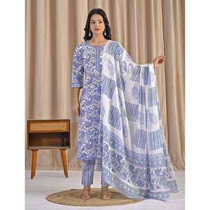 Conjunto de Kurta y Pantalón de Algodón Blanco Étnico, Traje Anarkali con Estampado a Bloque Hecho a Mano para Fiestas y Ocasiones Especiales, Hecho con Tela de Red - Product Image 3