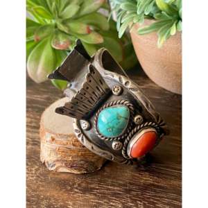 Vintage Navajo Kingman Turquoise & Coral Handmade Sterling <b>Silver</b> Watch <b>Cuff</b> <b>Bracelet</b> - Product Image 4