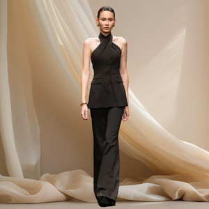 กางเกงขาบานเนลลี่ผ้าทอเรยอนเอวสูงสำหรับผู้หญิงชุดทำงาน - Product Image 4