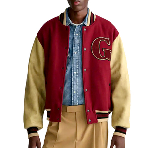 แจ็กเก็ตบอมเบอร์สำหรับทุกเพศแขนหนังแกะปักโลโก้ด้วยกำมะหยี่มีฮู้ดสไตล์เบสบอลทำจากโพลีเอสเตอร์สำหรับฤดูหนาว - Product Image 1