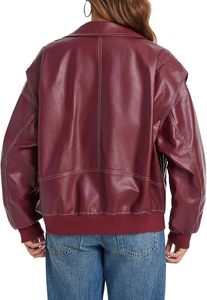 Chaquetas de bombardero de cuero de gran tamaño para mujer Abrigos de motocicleta con cremallera de manga casquillo con bolsillos - Product Image 5