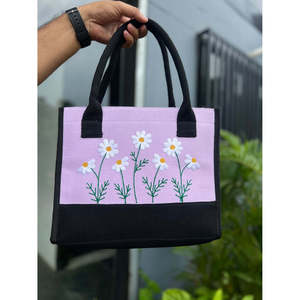 Purple Floral Embroidered <b>Canvas</b> <b>Tote</b> Bag Lightweight Eco-Friendly Daily Use Zipper Closure Custom Logo Washable Reusable - Product Image 6