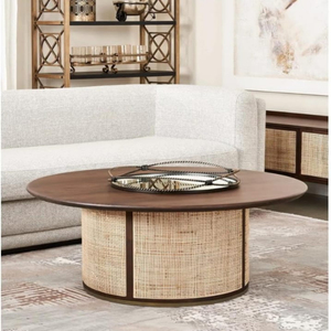 Table centrale moderne ronde en rotin pour la maison, le salon et le bureau Table basse décorative en bois de manguier avec finition noyer - Product Image 1