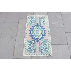 Alfombra Turca Vintage de Lana Azul, 1.3x2.7 pies (40x81 cm) - Product Image 1