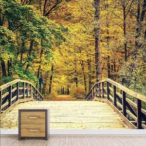 ציור קיר תלת מימד מותאם אישית סתיו עץ צהוב יער קיר גשר טבע נוף טפט לסלון חדר שינה