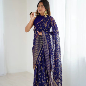 Haute sur demande mariée fantaisie concepteur doux Georgette tissu bleu Saree avec chemisier Festival fête dernière tenue ethnique pour les femmes - Product Image 1