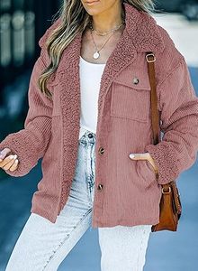 Veste Sherpa en velours côtelé pour femme avec fermeture à glissière bouton respirant col en fourrure polaire manteau chaud d'hiver motif solide Logo avant - Product Image 2
