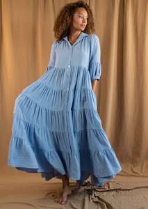 Longue robe unie à col rabattu et col montant pour femme, vêtement Long à volants avec boutons - Product Image 3