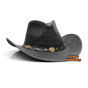 Wide Brimmed <b>Hat</b> For Men's New Vintage Look Cowboy <b>Leather</b> <b>Hats</b> With Western Style Genuine Cowhide <b>Leather</b> Brimmed <b>Hat</b> For Adult - Product Image 1