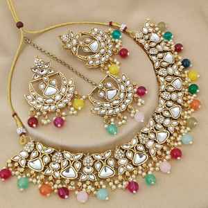 สร้อยคอทองเหลืองคุณภาพพรีเมียมประดับเพชรคันดัน พร้อมต่างหูและมงกุฎสำหรับผู้หญิง เหมาะสำหรับงานแต่งงานและโอกาสพิเศษ - Product Image 1