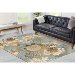 Alfombra con Estampado de Pájaro Dorado y Flores: Moderna, Botánica, Lavable a Máquina, con Pelo Suave - Product Image 1