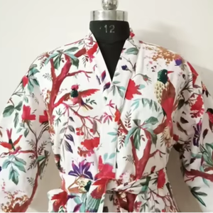 Blanc Oiseau Imprimé Velours Coton Kimono Robe Veste Respirant Hiver/Printemps/Été Mariage Robe De Demoiselle D'honneur Col En V Taille Libre - Product Image 1