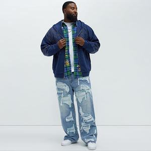 Sudadera con Capucha Oversize de Mezclilla para Hombre, Estilo Vintage con Lavado Ácido, Diseño Distressed Streetwear con Cremallera y Pedrería, 100% Algodón - Product Image 5