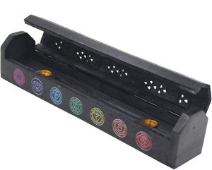 Quemador de Incienso de Madera Hecho a Mano de Primera Calidad con Incrustaciones de Latón de Buda y Compartimento de Almacenamiento, 12X2X2 Pulgadas (7 Signos del Chakra) - Product Image 2